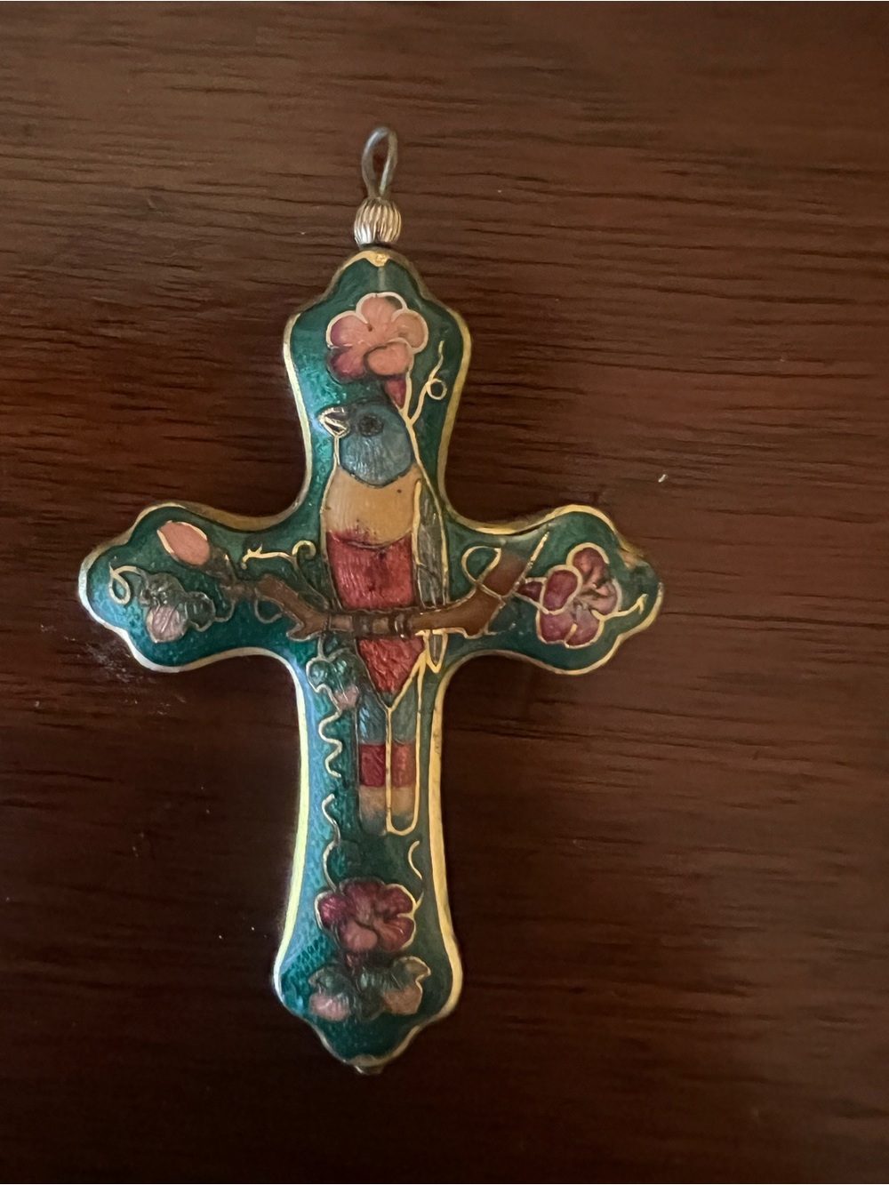 Vintage Cloisonné Brass Cross Pendant - Perched Bird & Floral Green Enamel